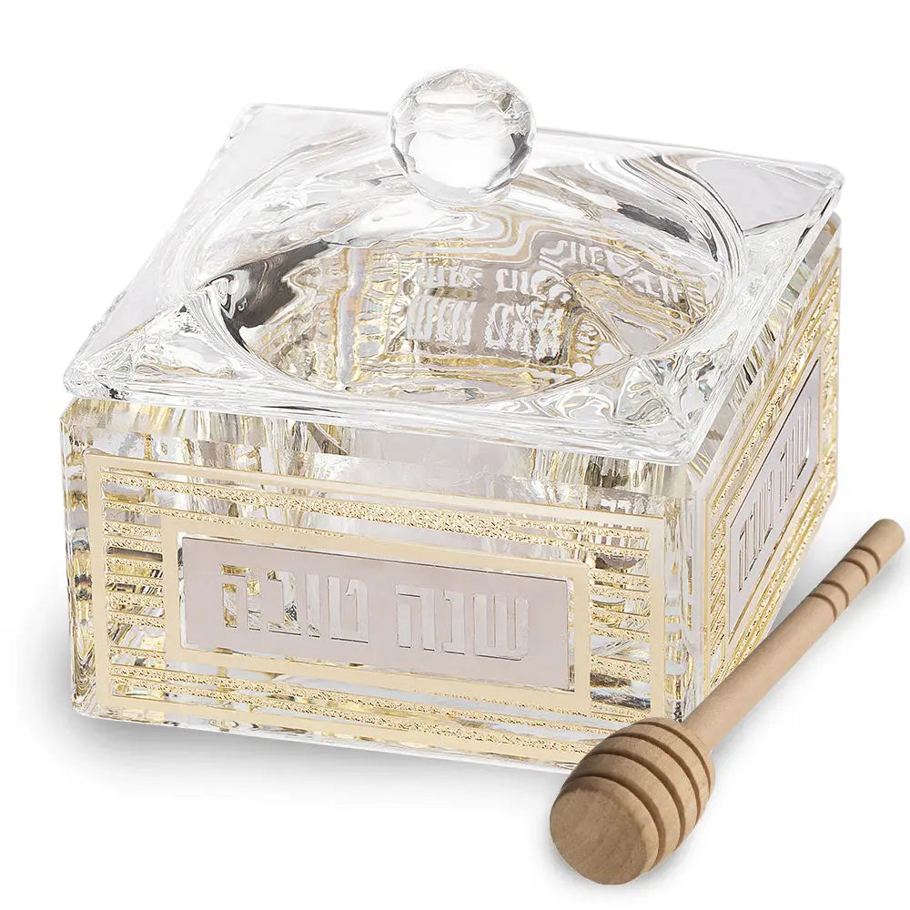 AJ Gold Elegant Crystal Honey Dish with Metal Plate